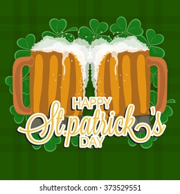 Creative mugs full of beer on shamrock leaves decorated green background for Happy St. Patrick's Day celebration.