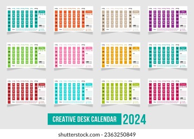 Creative Multicolor Desk Calendar Design 2024. Set of 12 Pages Vector Table Calendar Design