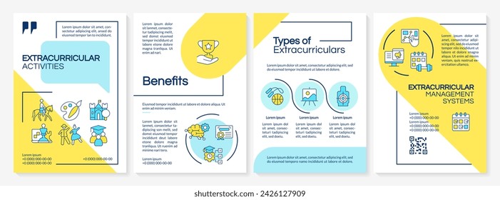 Creative multicolor extracurricular activities brochure template, leaflet design with thin linear icons, 4 vector layouts.