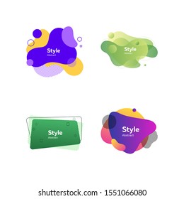 Creative multicolored abstract elements set. Dynamical liquid shapes with sample text. Trendy minimal templates for presentations, banners, flyers and web pages. Vector illustration