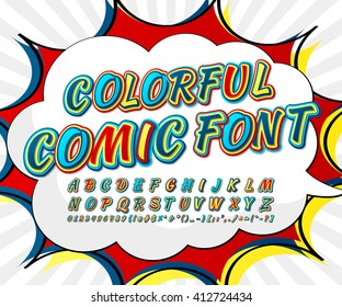 Creative multicolored high detail comic font. Alphabet in style of comics, pop art. Multilayer funny letters and figures for decoration of illustrations, websites, posters, comics, banners