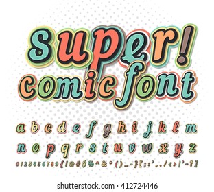 Creative multicolored high detail comic font. Alphabet in style of comics, pop art. Multilayer funny letters and figures for decoration of illustrations, websites, posters, comics, banners