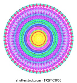 Kreatives mehrfarbiges Punktkreissymbol. Abstraktes symmetrisches Logo. Mosaik farbige schöne Perlen. Circle ist das Symbol der modernen Pixelfloralkunst. farbige Musterschmuck-Rad dekorative Illustration.