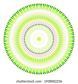 Creative multicolored points round symbol. Abstract symmetrical logo. Mosaic colorful beautiful beads. Circle dots modern pixel floral art icon. Colored pattern ornament wheel decorative illustration.