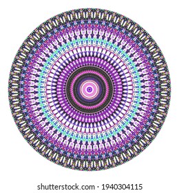 Kreatives mehrfarbiges Punktkreissymbol. Abstraktes symmetrisches Logo. Mosaik farbige schöne Perlen. Circle ist das Symbol der modernen Pixelfloralkunst. Farbige Musterkornament Rad dekorative Illustration.