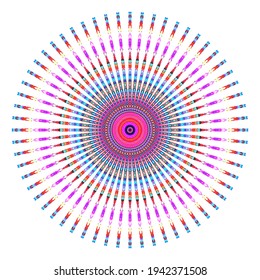 Creative multicolored points round symbol. Abstract symmetrical logo. Mosaic colorful beautiful beads. Circle dots modern pixel floral art icon. Colored pattern ornament wheel decorative illustration.