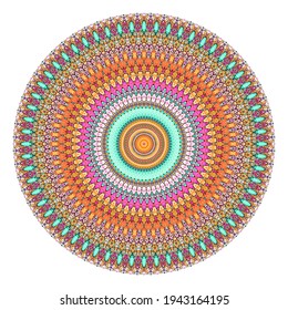 Símbolo de redondeo de puntos multicolores creativos. Resumen del logotipo simétrico. Bellas perlas de colores mosaicos. El círculo marca un icono de arte floral de píxel moderno. Ilustración decorativa de la rueda adornadora de patrones de color.