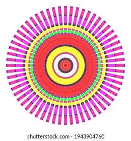 Creative multicolored points round symbol. Abstract symmetrical logo. Mosaic colorful beautiful beads. Circle dots modern pixel floral art icon. Colored pattern ornament wheel decorative illustration.