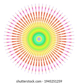 Creative multicolored points round symbol. Abstract symmetrical logo. Mosaic colorful beautiful beads. Circle dots modern pixel floral art icon. Colored pattern ornament wheel decorative illustration.