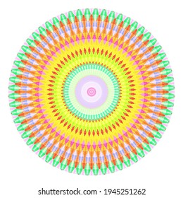Creative multicolored points round symbol. Abstract symmetrical logo. Mosaic colorful beautiful beads. Circle dots modern pixel floral art icon. Colored pattern ornament wheel decorative illustration.