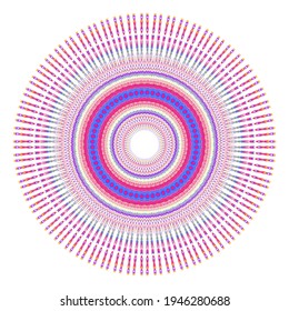 Creative multicolored points round symbol. Abstract symmetrical logo. Mosaic colorful beautiful beads. Circle dots modern pixel floral art icon. Colored pattern ornament wheel decorative illustration.