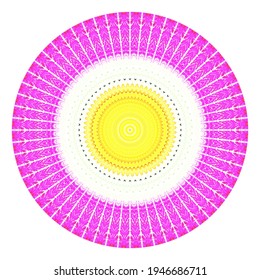 Creative multicolored points round symbol. Abstract symmetrical logo. Mosaic colorful beautiful beads. Circle dots modern pixel floral art icon. Colored pattern ornament wheel decorative illustration.