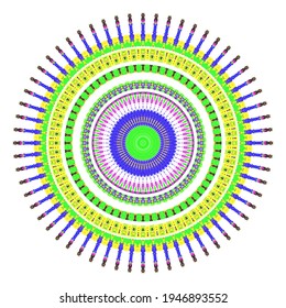 Creative multicolored points round symbol. Abstract symmetrical logo. Mosaic colorful beautiful beads. Circle dots modern pixel floral art icon. Colored pattern ornament wheel decorative illustration.