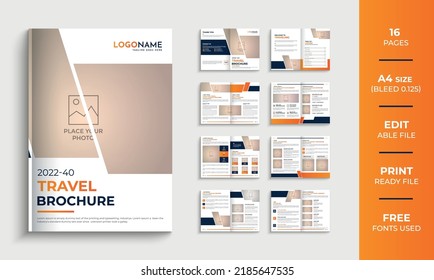 Creative multipurpose travel agency brochure design template, 16 pages corporate company profile, editable template design layout.
