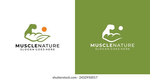 Creative Muscle Nature Logo. Muscle and Leaf, Mountain, Hill, Peak with Minimalist Style. Fitness Logo Icon Symbol Vector Design Template.
