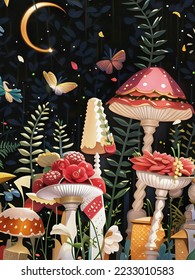 Creative mushroom paintings and leaves  butterflies   the moon  3d rendering  Stock Vector 