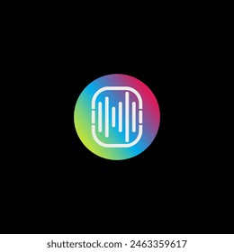 Vector de diseño de logotipo de caja de música creativa. Ilustración de barra gráfica de onda de sonido