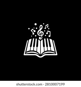 Creative music concept with piano keys shaped like an open book and floating musical notes, modern white vector illustration on black background