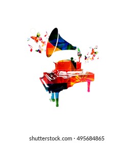 Creative music concept vector illustration, colorful piano and gramophone, music instrument with music notes. Design for poster, brochure, music concert, festival, music shop, music style template