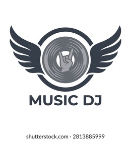 Creative music DJ logo featuring a vinyl record with spread wings and a rock and roll hand sign. Perfect for night club branding, audio production, and music events.