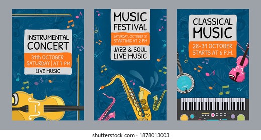 Einladungsdesigns für kreative Musikfestivals. Trendy instrumental Konzert Einladungen mit Musikinstrumenten. Konzert- und Unterhaltungskonzept. Muster für Merkblatt, Banner oder Flyer