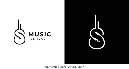 Logo del Festival de Música Creativa Guitarra y Plug con Estilo de Contorno Lineal. Símbolo de icono de logotipo musical Diseño vectorial Inspiración.