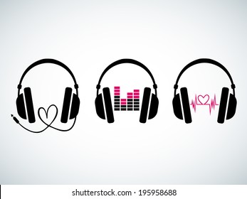 Creative music headphones logo set with heartbeat and equalizer