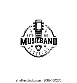 creative music logo ideas with microphone and guitar neck with adjustment pegs,vintage logo rock and roll, illustration music band vector template icon