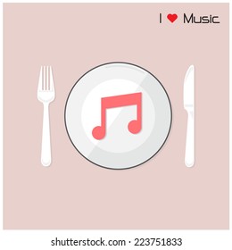 Creative music note sign on disk with fork and spoon. I love music concept. Vector illustration