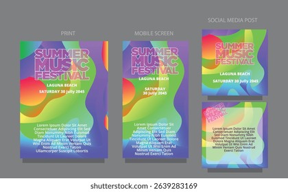 Creative Music Poster Background. Abstract Summer Waves. fluid design template multiple platform for print, mobile screen and social media post vector illustration