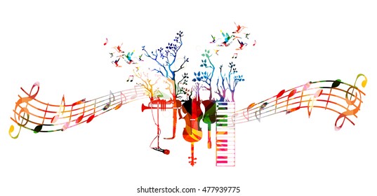 Creative music style template with music instruments, colorful guitar, microphone, piano keyboard, saxophone, trumpet, violoncello, contrabass. Music vector illustration with music staff and notes