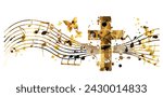 Creative music style template vector illustration, golden cross with music staff and notes background.	
