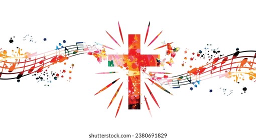 Creative music style template vector illustration, colorful cross with music staff and notes background. Religion themed design for gospel church music and concert, choir singing, Christianity, prayer