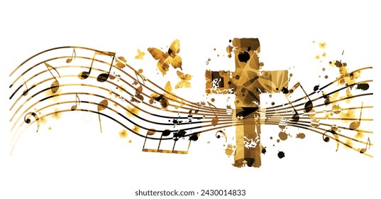 Creative music style template vector illustration, golden cross with music staff and notes background.	