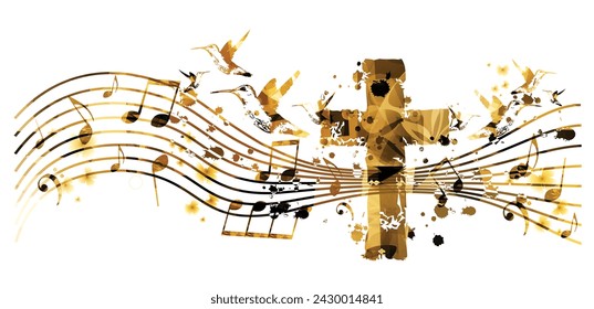 Plantilla de estilo de música creativa ilustración vectorial, cruz dorada con el personal de música y fondo de notas.	
