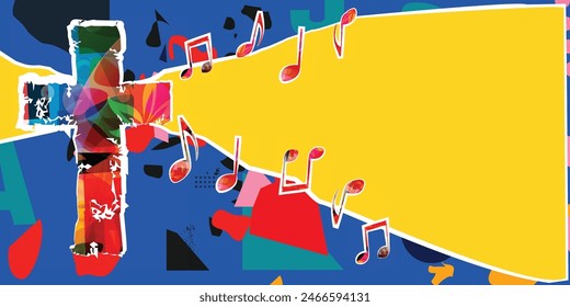 Creative music style template vector illustration, colorful cross with music staff and notes background. Religion themed design for gospel church music and concert, choir singing, Christianity, prayer