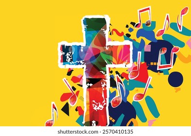 Creative music style template vector illustration, colorful cross with music staff and notes background. Religion themed design for gospel church music and concert, choir singing, Christianity, prayer