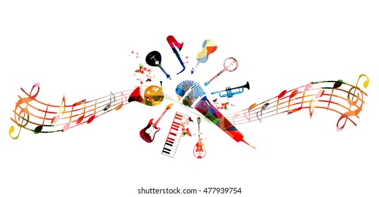Creative music style template vector illustration, colorful guitar, microphone, piano keyboard, french horn, saxophone, trumpet, violoncello, contrabass, banjo, traditional Portuguese guitar, bouzouki