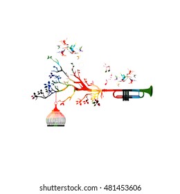 Creative music style template vector illustration, colorful trumpet, nature inspired instrument background with birds. Design for poster, card, brochure, banner, concert, music festival, music shop