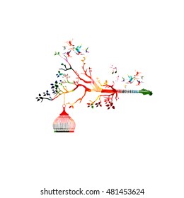 Creative music style template vector illustration, colorful guitar fretboard, nature inspired instrument background. Design for posters, cards, brochures, banners, concert, music festival, music shop