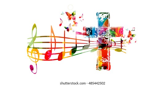 Creative music style template vector illustration, colorful cross with music staff and notes background. Religion themed design for gospel church music and concert, choir singing, Christianity, prayer
