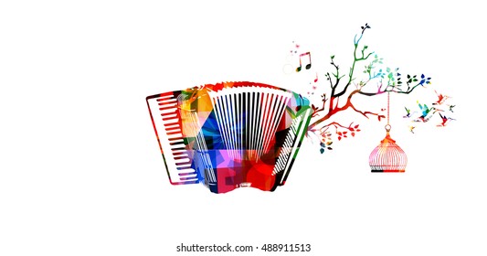 Creative music style template vector illustration, colorful accordion, nature inspired instrument background with birds. Design for poster, flyer, brochure, banner, concert, music festival, music shop