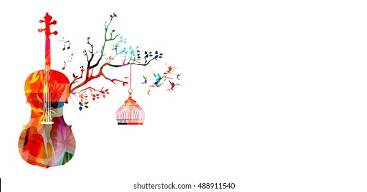 Creative music style template vector illustration, colorful violoncello, nature inspired instrument background with birds. Design for poster, brochure, banner, concert, music festival, music shop 