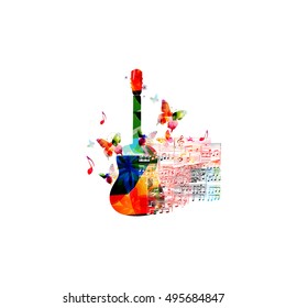 Creative music style template vector illustration, colorful guitar, music instrument with music staff and notes background. Poster, brochure, banner, concert, music festival, music shop design