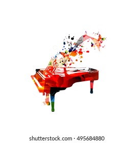 Creative music style template vector illustration, colorful piano, music instrument with music staff and notes background. Poster, brochure, banner, concert, music festival, music shop design