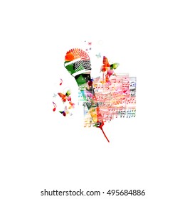 Creative music style template vector illustration, colorful microphone with music staff and notes background. Poster, brochure, banner, flyer, card, placard, concert, music festival, music shop design