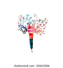 Creative music style template vector illustration, colorful microphone, music background with music notes. Party poster, music brochure, banner, flyer, concert, music festival, music shop design 
