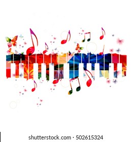 Creative music style template vector illustration, colorful piano keys, music instrument background with music notes. Music poster, brochure, banner, flyer, concert, music festival, music shop design