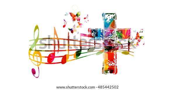 Creative music style template vector illustration,\
colorful cross with music staff and notes background. Religion\
themed design for gospel church music and concert, choir singing,\
Christianity, prayer