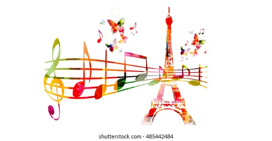Creative music style travel template vector illustration, colorful Eiffel Tower with music staff and notes, musical Paris background. French landmark design for poster, brochure, banner, festival